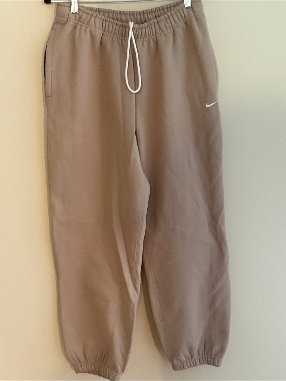 Nike Women's Brown/Tan Fleece Joggers with White Drawstring